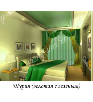 шторы для гостиной с ламбрекеном "Турия" зеленая с золотом тюль отдельно 