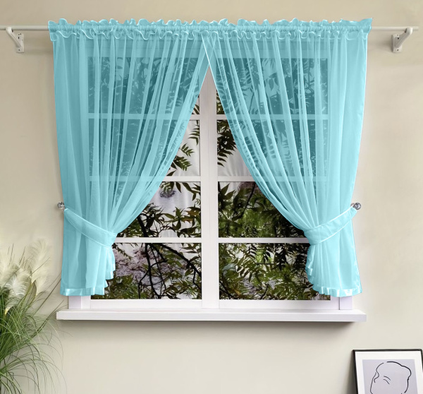 Шторы для кухни из тюля вуаль цвет голубой Теона