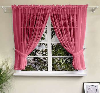 Шторы для кухни из тюля вуаль цвет бордовый Теона