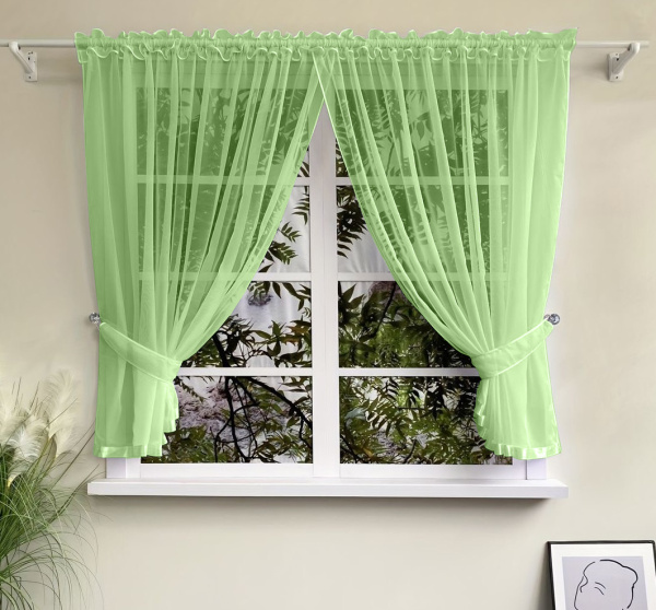 Шторы для кухни из тюля вуаль цвет салатовый Теона