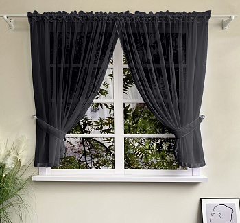 Шторы для кухни из тюля вуаль цвет черный Теона