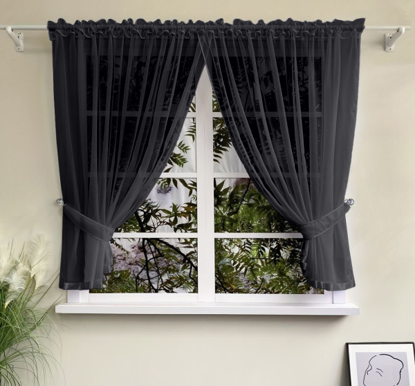 Шторы для кухни из тюля вуаль цвет черный Теона