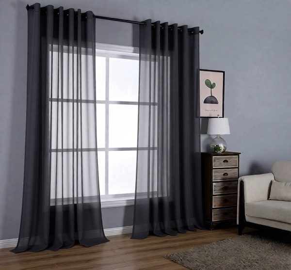 Тюль на люверсах для кухни и гостиной. Цвет черный.