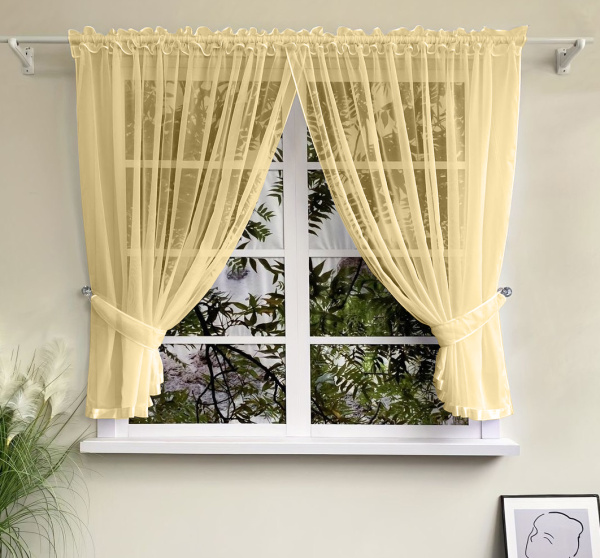 Шторы для кухни из тюля вуаль цвет бежевый Теона