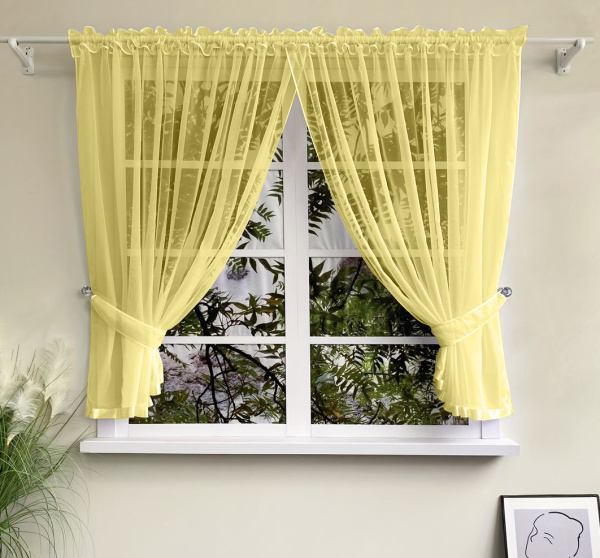 Шторы для кухни из тюля вуаль цвет желтый Теона
