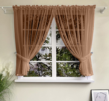 Шторы для кухни из тюля вуаль цвет шоколадный Теона