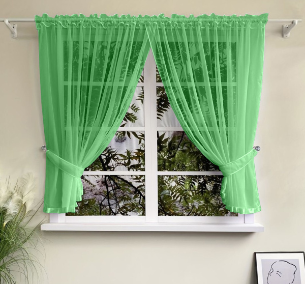 Шторы для кухни из тюля вуаль цвет зеленый Теона